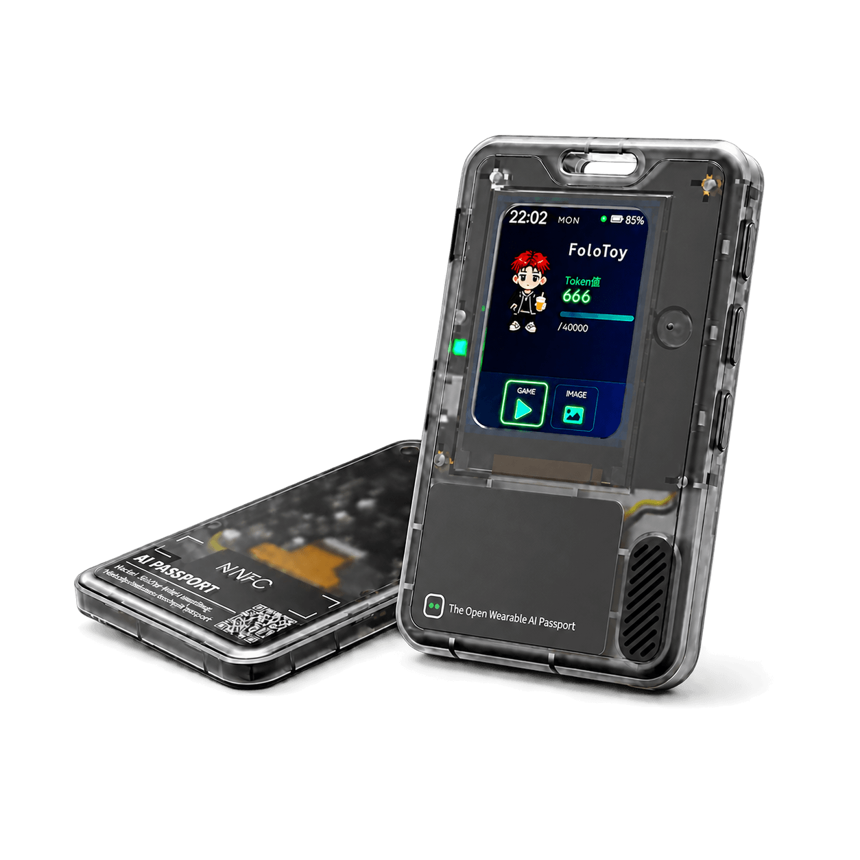 AI Passport front and back views with transparent cases and FoloToy interface
