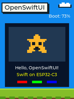 OpenSwiftUI LVGL preview showing a yellow pixel star, two text lines, and RGB swatches